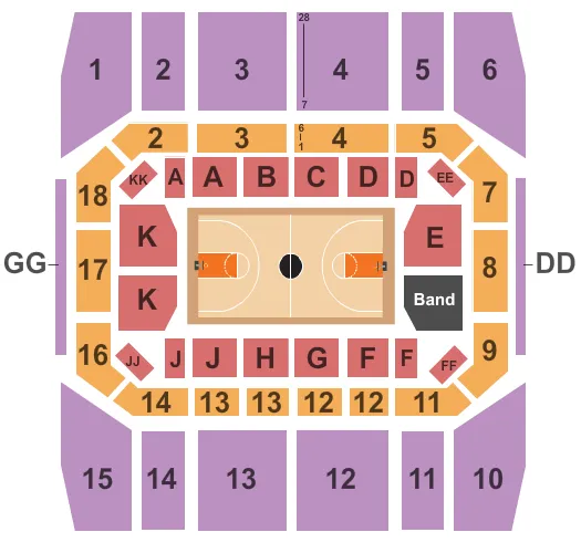 Basketball Seating Chart at Gill Coliseum. The chart shows the main floor/stage with seating options surrounding it, which are color coded