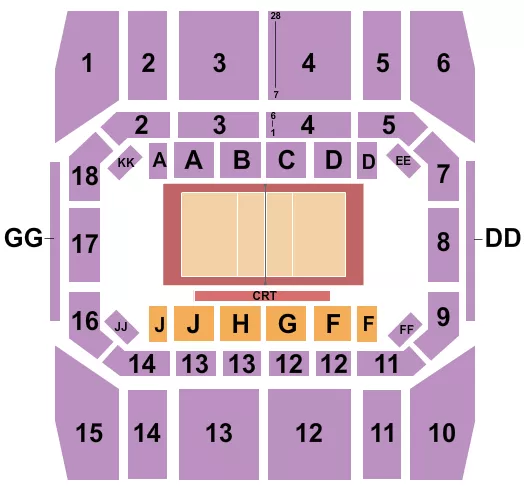 Volleyball Seating Chart at Gill Coliseum. The chart shows the main floor/stage with seating options surrounding it, which are color coded