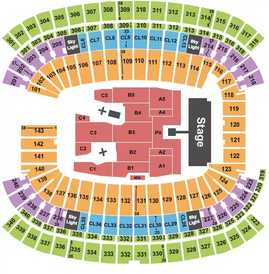 AC/DC Seating Chart at Gillette Stadium. The chart shows the main floor/stage with seating options surrounding it, which are color coded