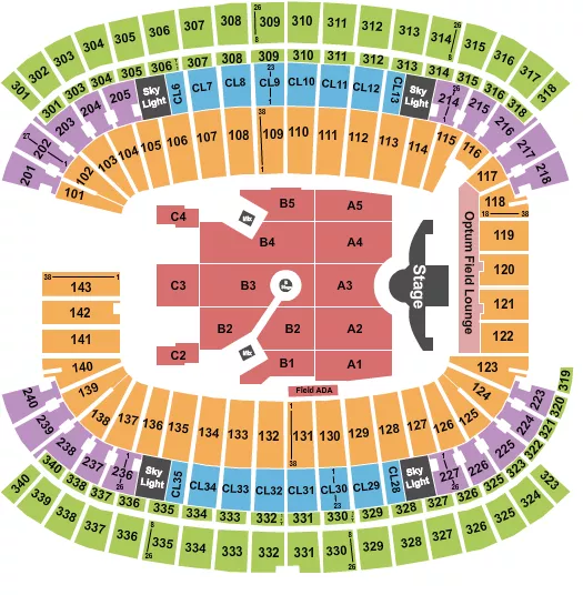 Ed Sheeran Seating Chart at Gillette Stadium. The chart shows the main floor/stage with seating options surrounding it, which are color coded