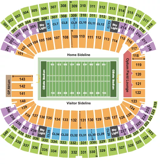Football NO VFS Seating Chart at Gillette Stadium. The chart shows the main floor/stage with seating options surrounding it, which are color coded