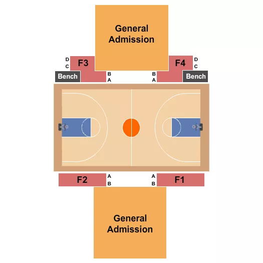 Basketball 2 Seating Chart at Glass City Center. The chart shows the main floor/stage with seating options surrounding it, which are color coded