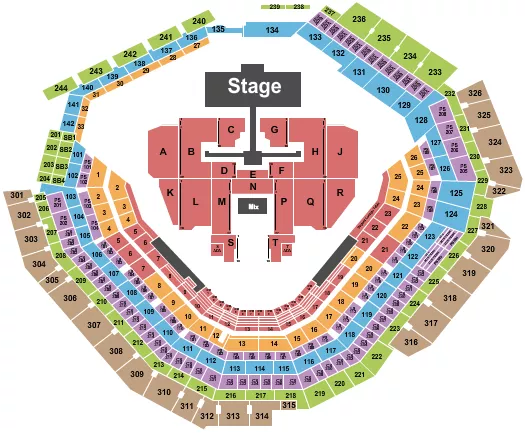 Ateez Seating Chart at Globe Life Field. The chart shows the main floor/stage with seating options surrounding it, which are color coded