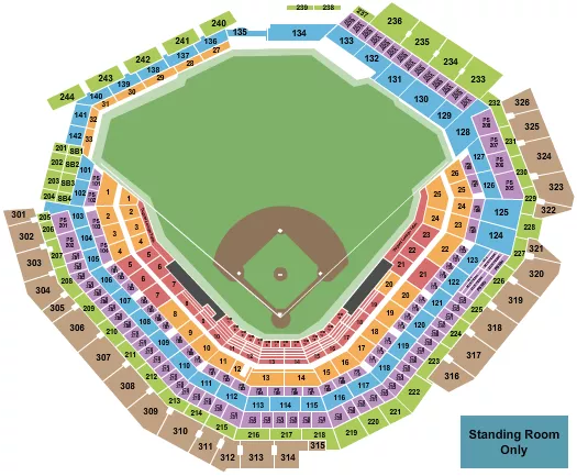 Baseball Seating Chart at Globe Life Field. The chart shows the main floor/stage with seating options surrounding it, which are color coded