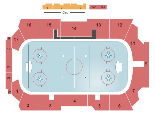 Hockey Seating Chart at Goggin Ice Center. The chart shows the main floor/stage with seating options surrounding it, which are color coded