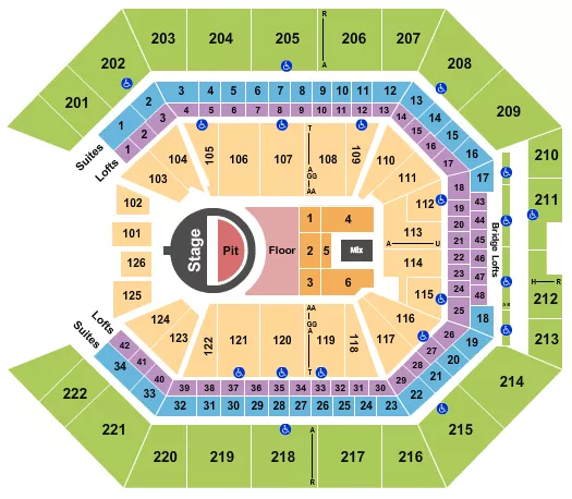 5 Seconds of Summer Seating Chart at Golden 1 Center. The chart shows the main floor/stage with seating options surrounding it, which are color coded