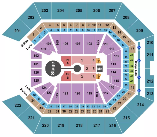Brandon Lake Seating Chart at Golden 1 Center. The chart shows the main floor/stage with seating options surrounding it, which are color coded