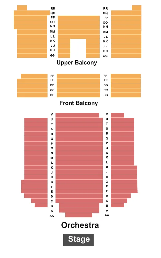 End Stage Seating Chart at Golden State Theatre. The chart shows the main floor/stage with seating options surrounding it, which are color coded