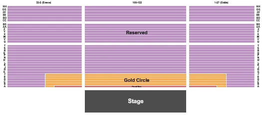 End Stage Seating Chart at Graceland Soundstage. The chart shows the main floor/stage with seating options surrounding it, which are color coded