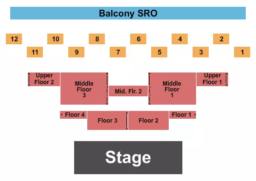 Endstage Seating Chart at Granada. The chart shows the main floor/stage with seating options surrounding it, which are color coded