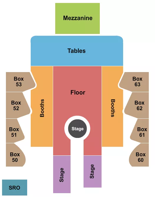 Atomic Saloon Seating Chart at Grand Canal Shoppes at the Venetian Hotel Las Vegas. The chart shows the main floor/stage with seating options surrounding it, which are color coded