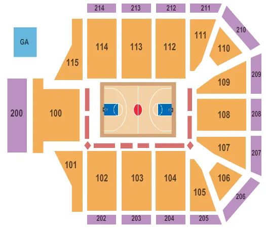 Basketball Seating Chart at Global Credit Union Arena At Grand Canyon University. The chart shows the main floor/stage with seating options surrounding it, which are color coded