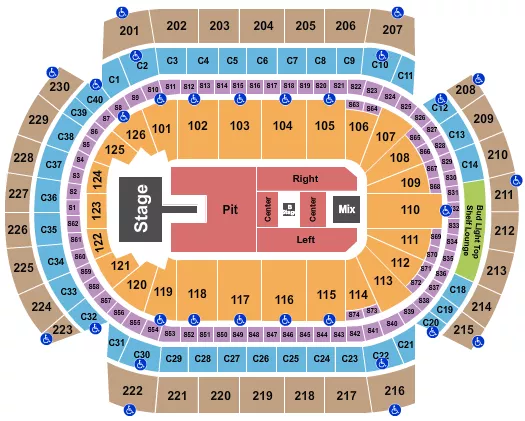 Alex Warren Seating Chart at Grand Casino Arena. The chart shows the main floor/stage with seating options surrounding it, which are color coded