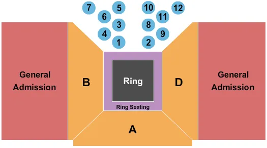 Grand Friday Night Fights Seating Chart at Grand Casino Hinckley Event Center. The chart shows the main floor/stage with seating options surrounding it, which are color coded