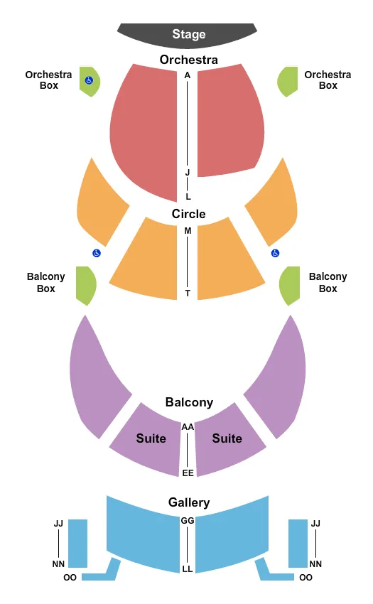 End Stage Seating Chart at Grand Opera House. The chart shows the main floor/stage with seating options surrounding it, which are color coded