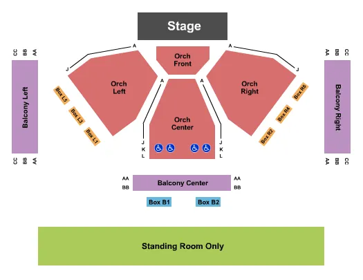 Endstage Seating Chart at Grandel Theatre. The chart shows the main floor/stage with seating options surrounding it, which are color coded
