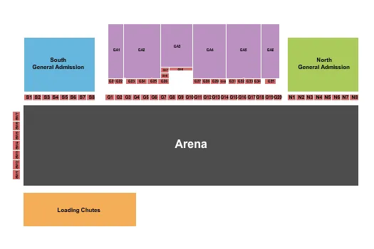 Rodeo Seating Chart at Grant County Fairgrounds. The chart shows the main floor/stage with seating options surrounding it, which are color coded
