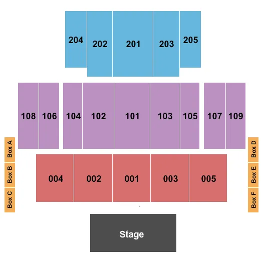 Endstage 3 Seating Chart at Great Hall at Charles F. Dodge City Center. The chart shows the main floor/stage with seating options surrounding it, which are color coded