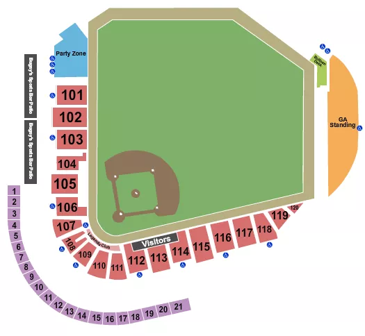 Baseball Seating Chart at Greater Nevada Field. The chart shows the main floor/stage with seating options surrounding it, which are color coded