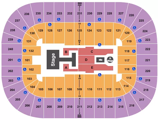 Descendants & Zombies Seating Chart at Greensboro Coliseum. The chart shows the main floor/stage with seating options surrounding it, which are color coded