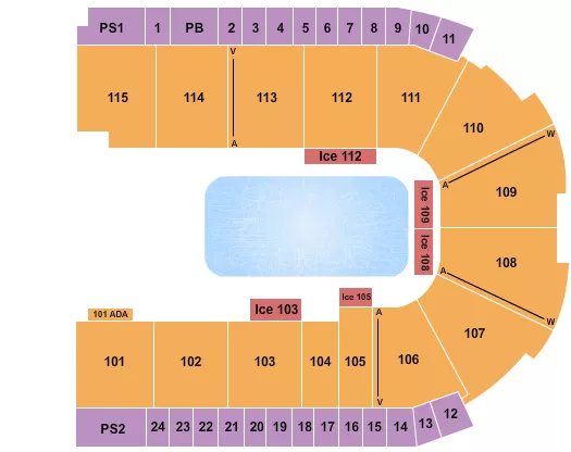 Disney On Ice Seating Chart at Grossinger Motors Arena. The chart shows the main floor/stage with seating options surrounding it, which are color coded