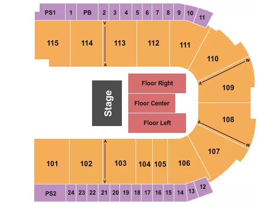 Half House 2 Seating Chart at Grossinger Motors Arena. The chart shows the main floor/stage with seating options surrounding it, which are color coded