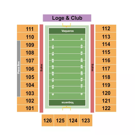 Football Seating Chart at Robert and Janet Vackar Stadium. The chart shows the main floor/stage with seating options surrounding it, which are color coded