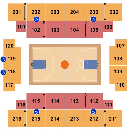 Basketball Seating Chart at State Farm Field House at ESPN Wide World Of Sports Complex. The chart shows the main floor/stage with seating options surrounding it, which are color coded