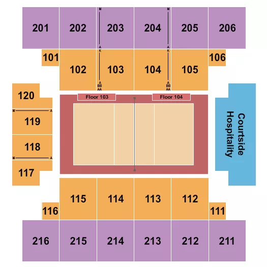 Volleyball Seating Chart at State Farm Field House at ESPN Wide World Of Sports Complex. The chart shows the main floor/stage with seating options surrounding it, which are color coded
