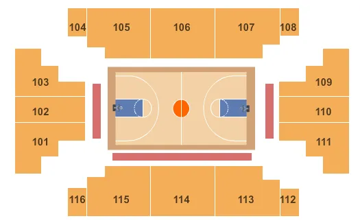 Basketball Seating Chart at HTC Center. The chart shows the main floor/stage with seating options surrounding it, which are color coded