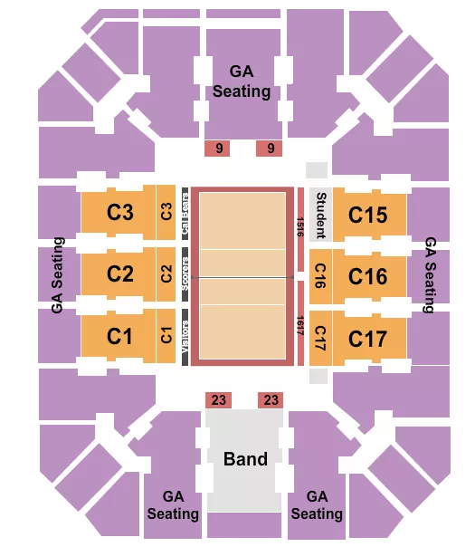 Volleyball Seating Chart at Haas Pavilion. The chart shows the main floor/stage with seating options surrounding it, which are color coded