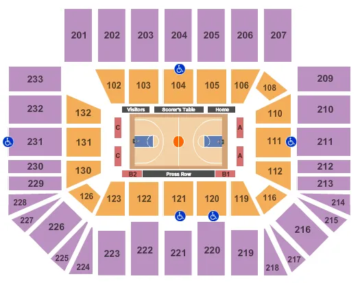 Basketball Seating Chart at Halton Arena. The chart shows the main floor/stage with seating options surrounding it, which are color coded