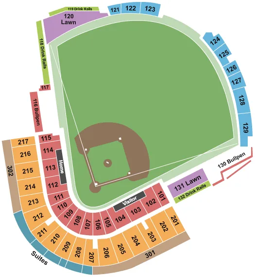 Baseball Seating Chart at Hammond Stadium at Lee Health Sports Complex. The chart shows the main floor/stage with seating options surrounding it, which are color coded