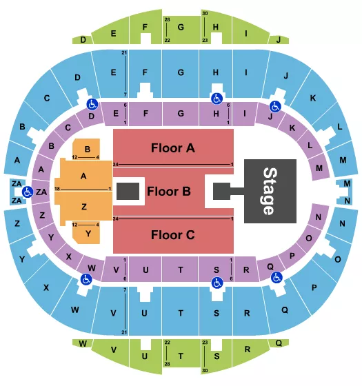 Brandy Seating Chart at Hampton Coliseum. The chart shows the main floor/stage with seating options surrounding it, which are color coded