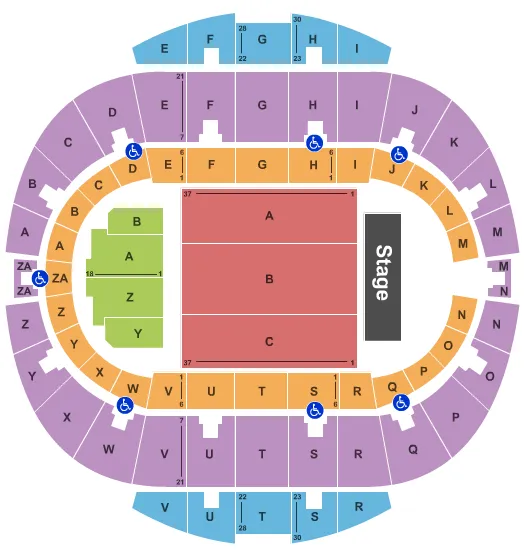 End Stage Seating Chart at Hampton Coliseum. The chart shows the main floor/stage with seating options surrounding it, which are color coded