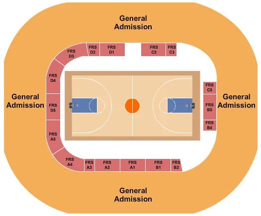 Basketball Seating Chart at Hampton University Convocation Center. The chart shows the main floor/stage with seating options surrounding it, which are color coded