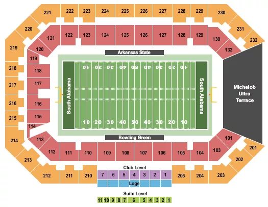 68 Ventures Bowl Seating Chart at Hancock Whitney Stadium. The chart shows the main floor/stage with seating options surrounding it, which are color coded