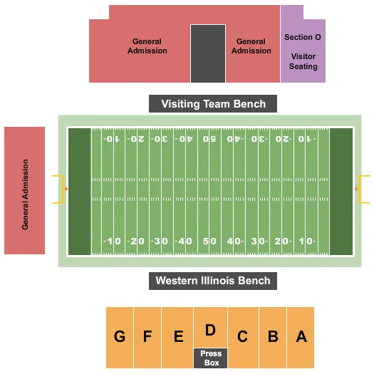 Football Seating Chart at Hanson Field. The chart shows the main floor/stage with seating options surrounding it, which are color coded