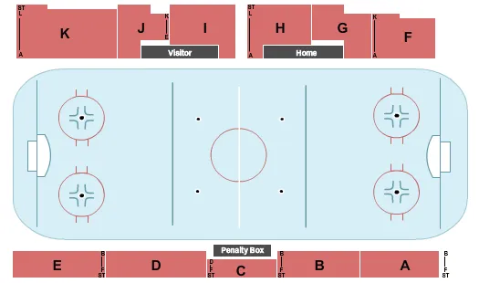 Hockey Seating Chart at Hap Parker Arena. The chart shows the main floor/stage with seating options surrounding it, which are color coded