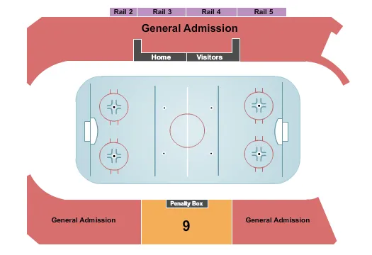 Hockey Seating Chart at HarborCenter. The chart shows the main floor/stage with seating options surrounding it, which are color coded