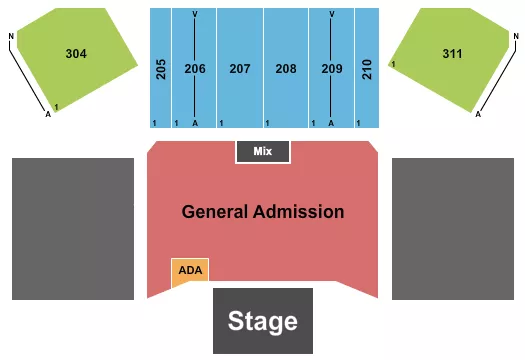 Endstage GA Floor 2 Seating Chart at Hard Rock Live At Etess Arena. The chart shows the main floor/stage with seating options surrounding it, which are color coded