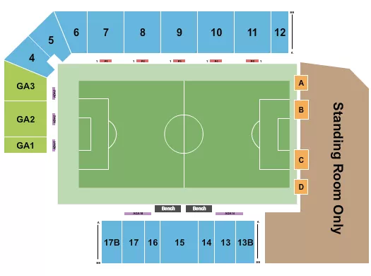 Soccer 2 Seating Chart at Harder Stadium. The chart shows the main floor/stage with seating options surrounding it, which are color coded