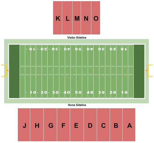 Football Seating Chart at Hardy Graham Stadium. The chart shows the main floor/stage with seating options surrounding it, which are color coded
