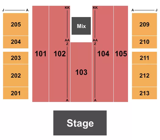 Endstage 4 Seating Chart at Rio Vista Outdoor Amphitheater at Harrah's. The chart shows the main floor/stage with seating options surrounding it, which are color coded