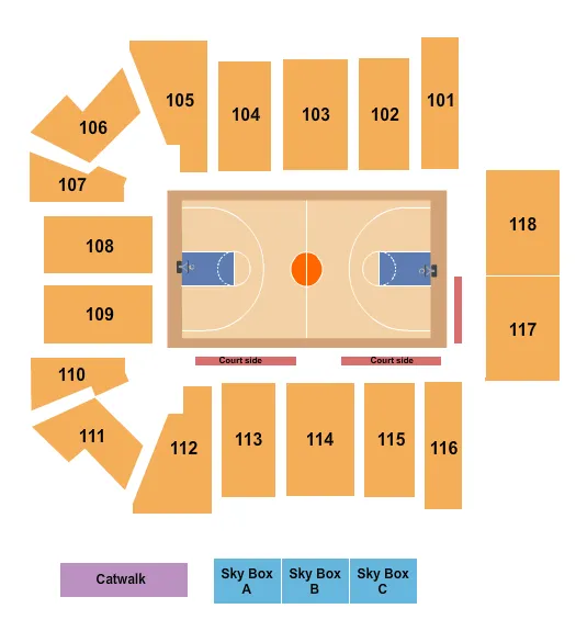 Basketball Seating Chart at Hawkins Arena At Mercer University. The chart shows the main floor/stage with seating options surrounding it, which are color coded