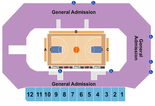 Basketball - GA Seating Chart at Heartland Events Center. The chart shows the main floor/stage with seating options surrounding it, which are color coded