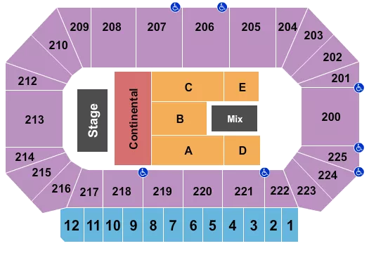 Endstage Seating Chart at Heartland Events Center. The chart shows the main floor/stage with seating options surrounding it, which are color coded