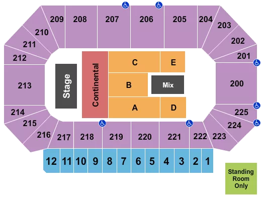 Endstage Seating Chart at Heartland Events Center. The chart shows the main floor/stage with seating options surrounding it, which are color coded