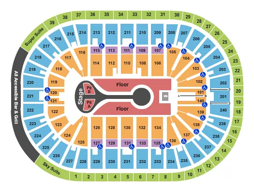 Benson Boone Seating Chart at Heritage Bank Center. The chart shows the main floor/stage with seating options surrounding it, which are color coded