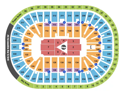 Center Stage 3 Seating Chart at Heritage Bank Center. The chart shows the main floor/stage with seating options surrounding it, which are color coded